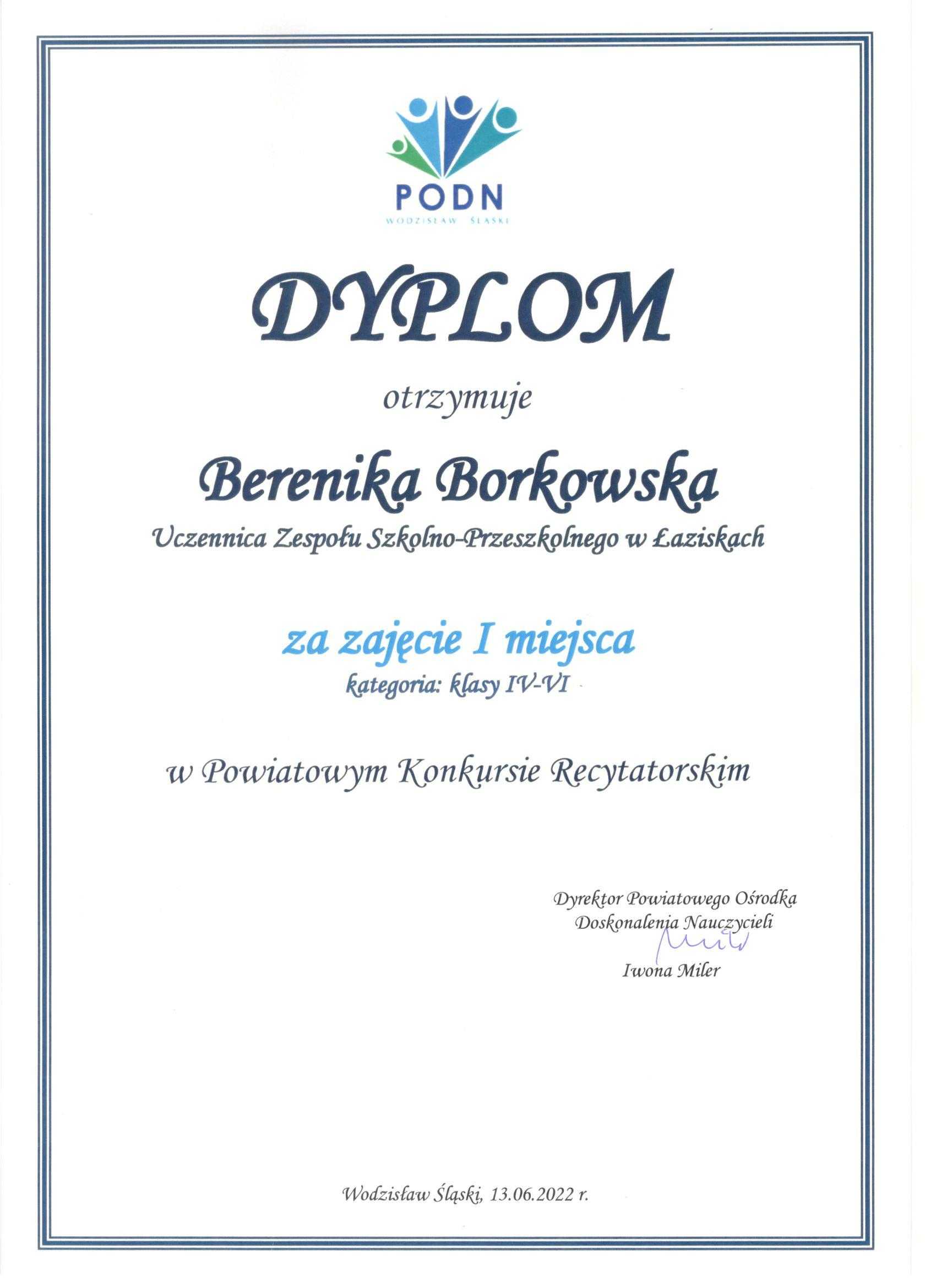 dyplom uczennicy 